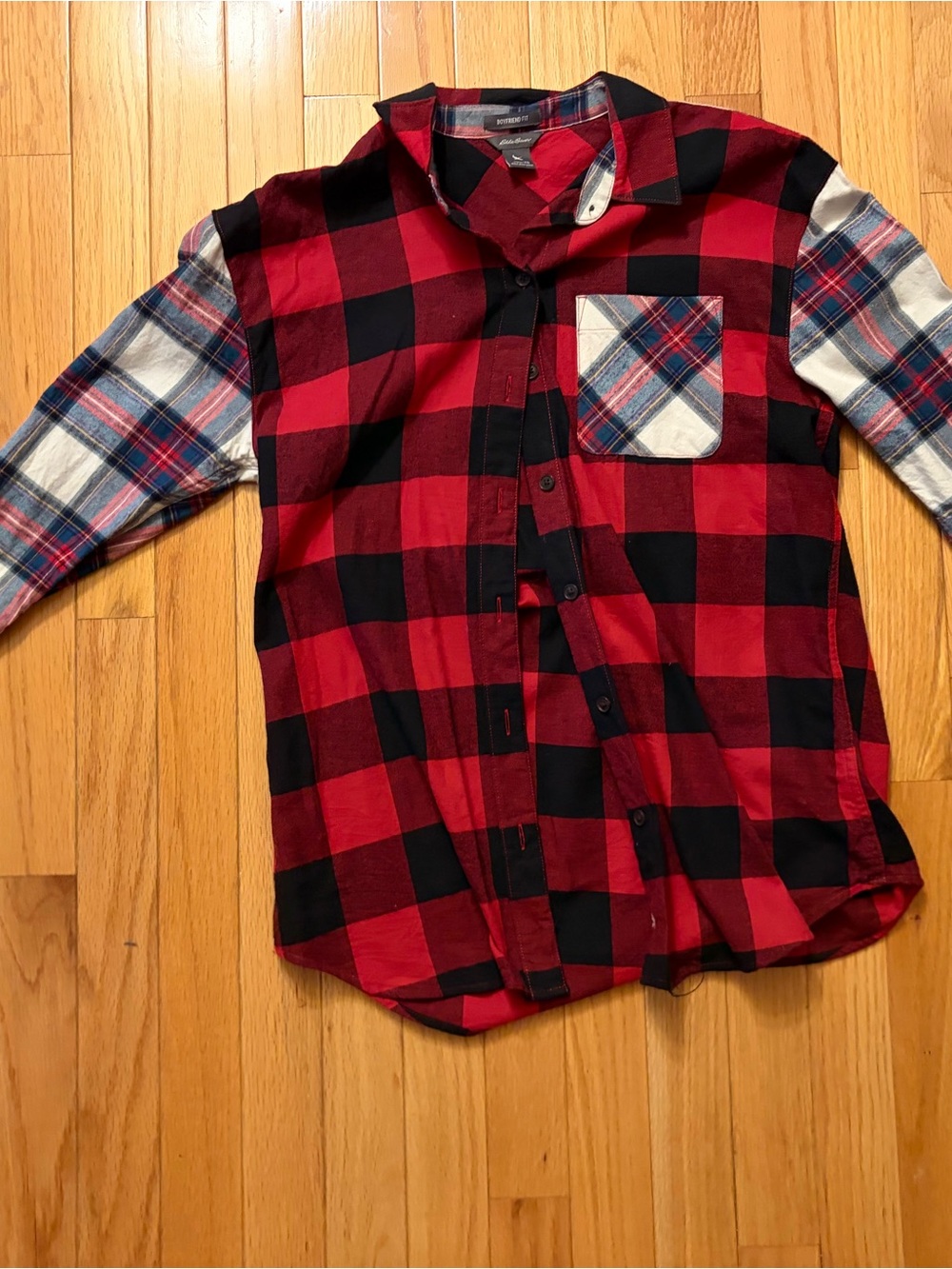 Women fleece  Red & Black Buffalo Plaid Button-Front Shirt with Contrast Sleeves